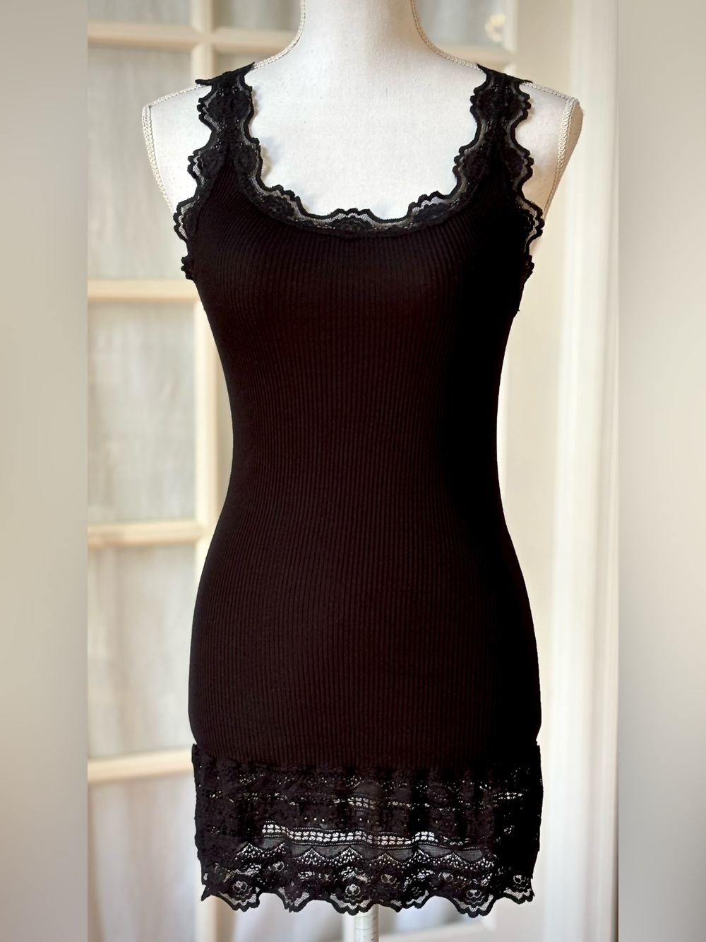 Rosemunde Copenhagen Black Silk Blend Lace Trim Ribbed Long Cami Tank M
